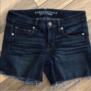 American Eagle Outfitters Distressed Jean Shorts, dark wash. Low to mid waist.